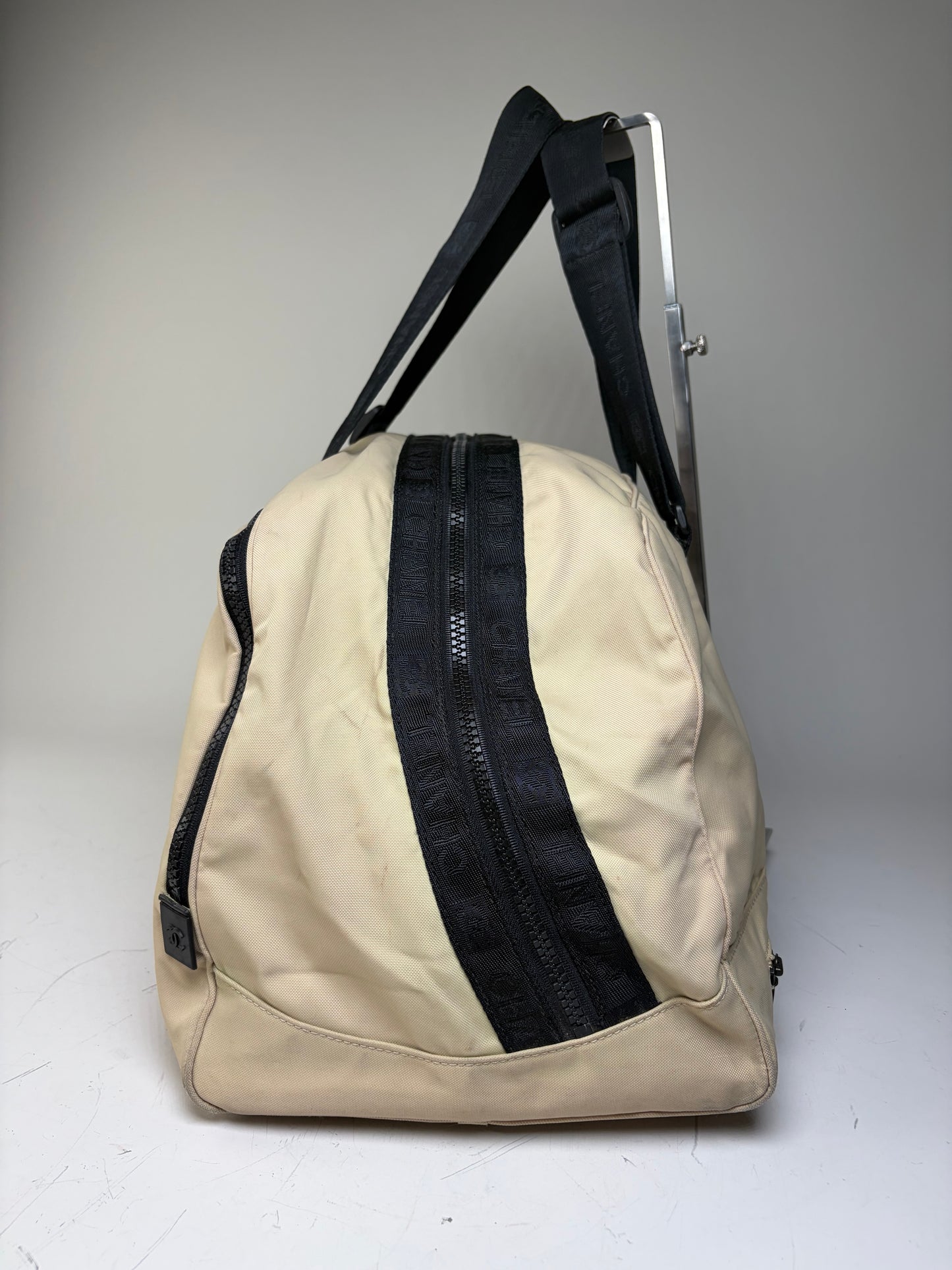 Vintage Chanel Duffle Bag Beige Black Polyester Leather Accents