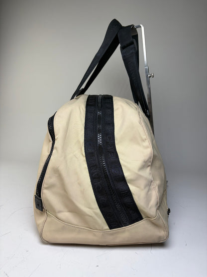 Vintage Chanel Duffle Bag Beige Black Polyester Leather Accents