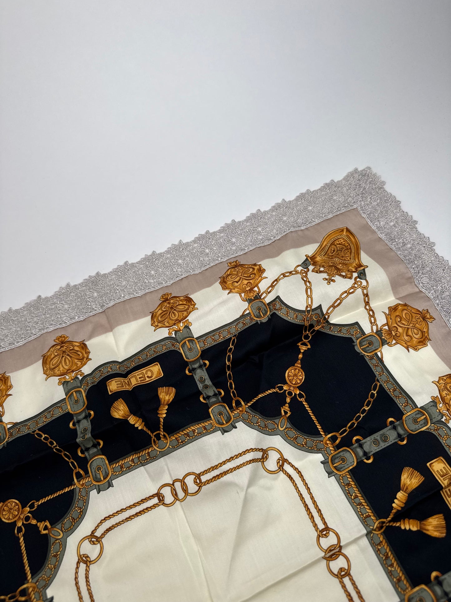 Vintage Celine Scarf grey white black gold