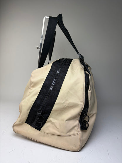 Vintage Chanel Duffle Bag Beige Black Polyester Leather Accents