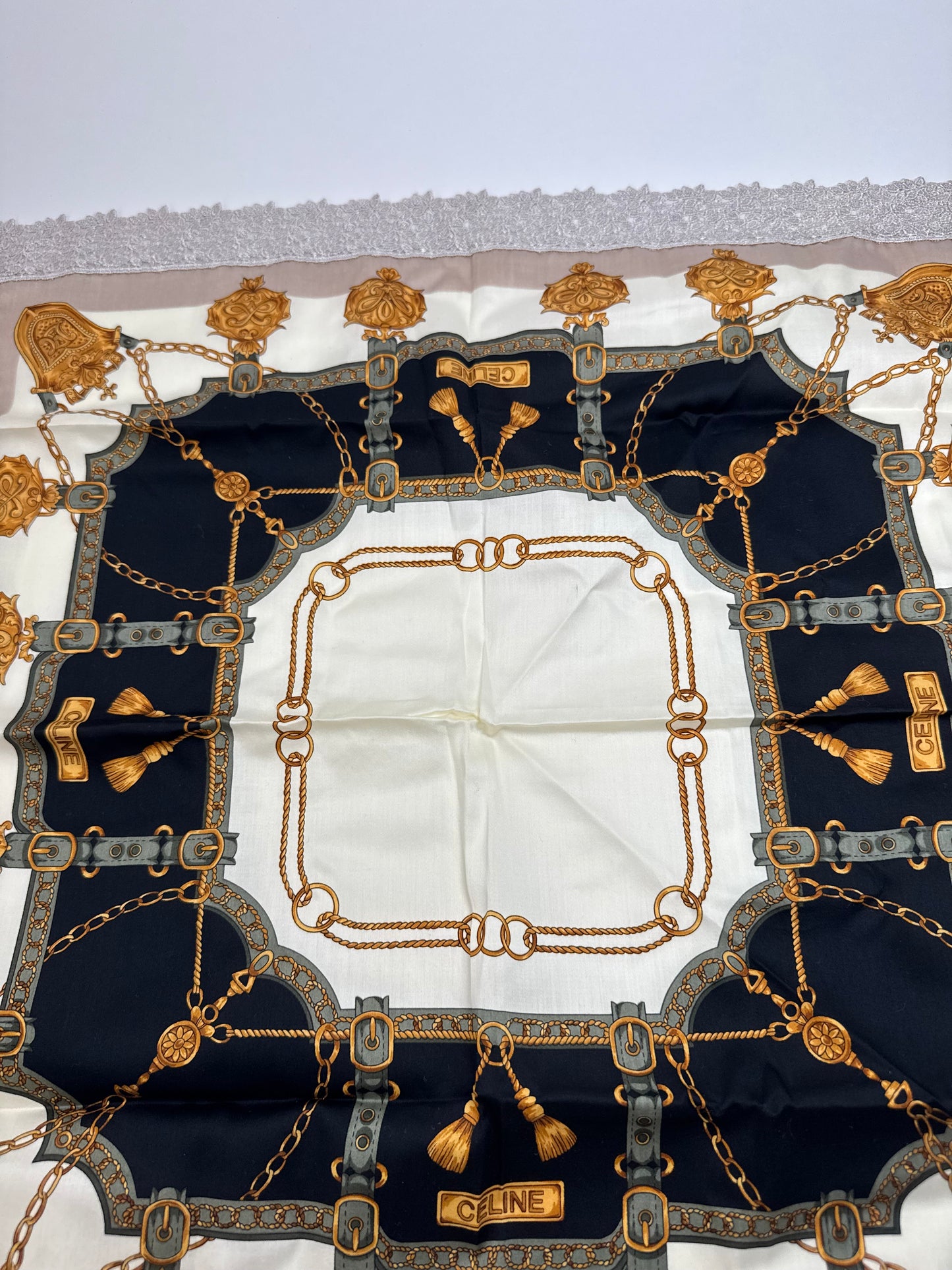 Vintage Celine Scarf grey white black gold