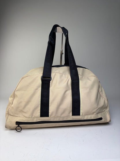 Vintage Chanel Duffle Bag Beige Black Polyester Leather Accents