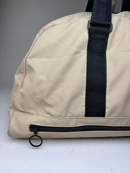 Vintage Chanel Duffle Bag Beige Black Polyester Leather Accents