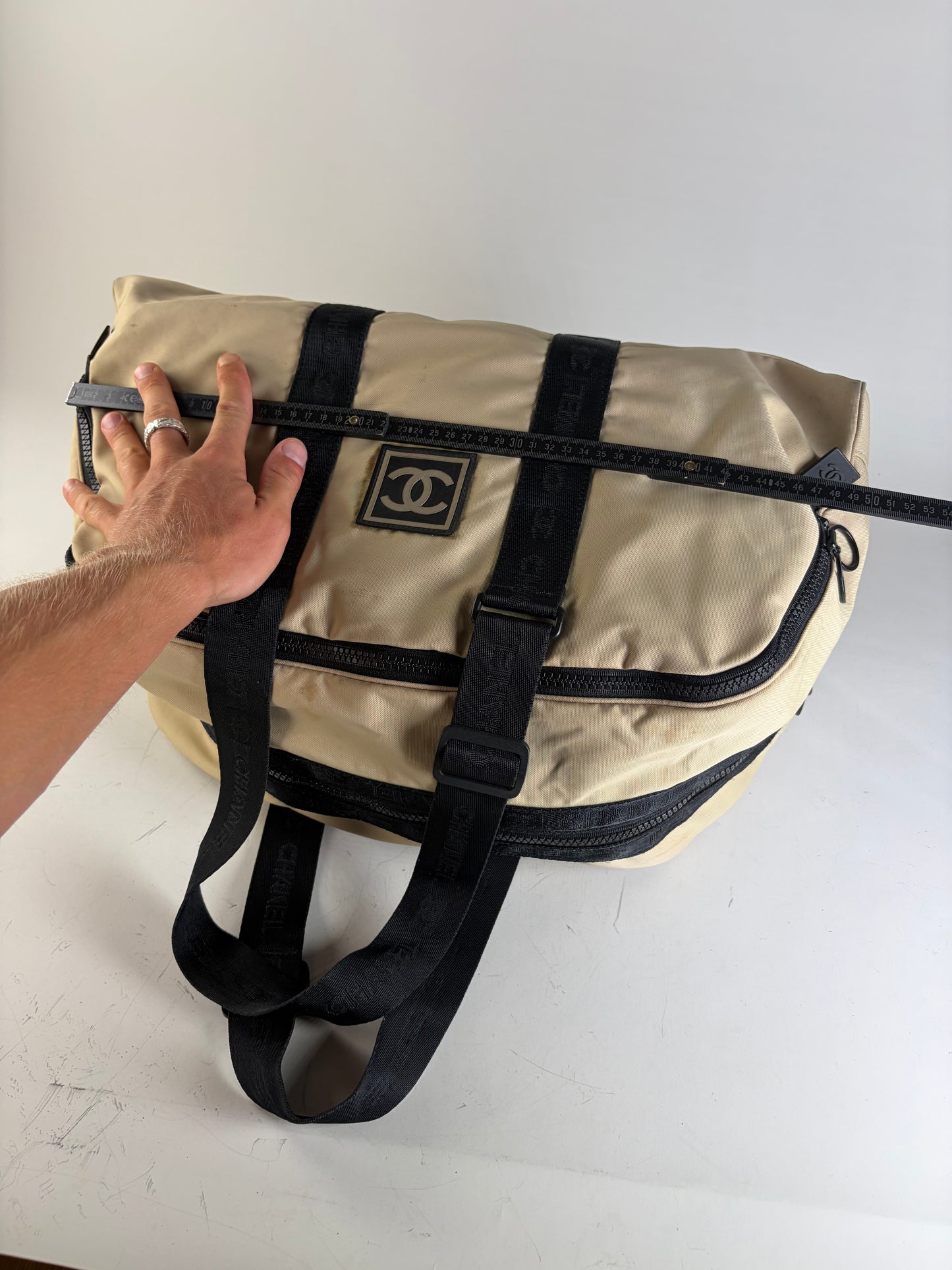 Vintage Chanel Duffle Bag Beige Black Polyester Leather Accents