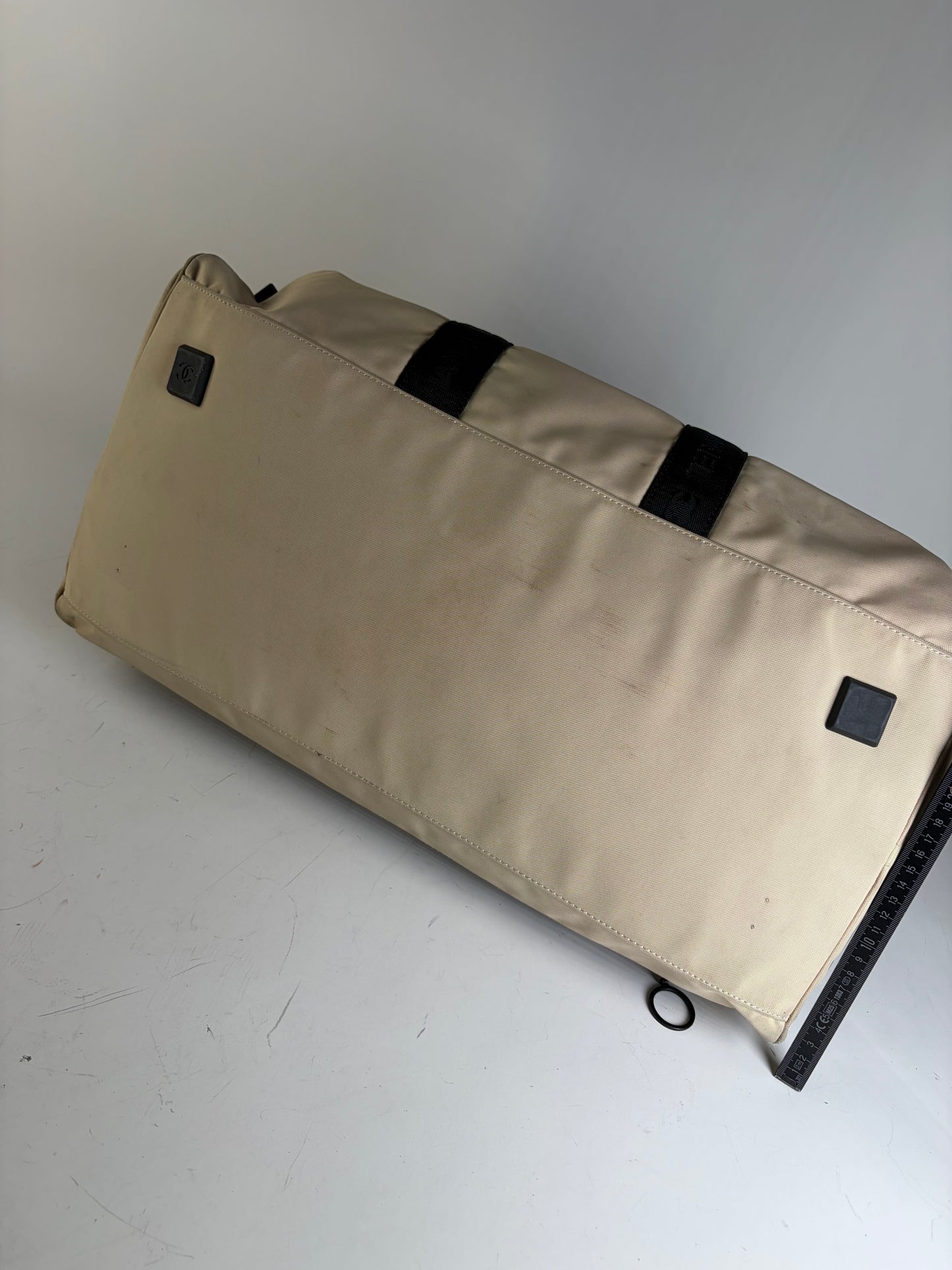 Vintage Chanel Duffle Bag Beige Black Polyester Leather Accents