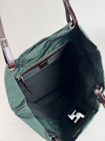 Vintage Fendi FF Logo Tote Bag Green Brown