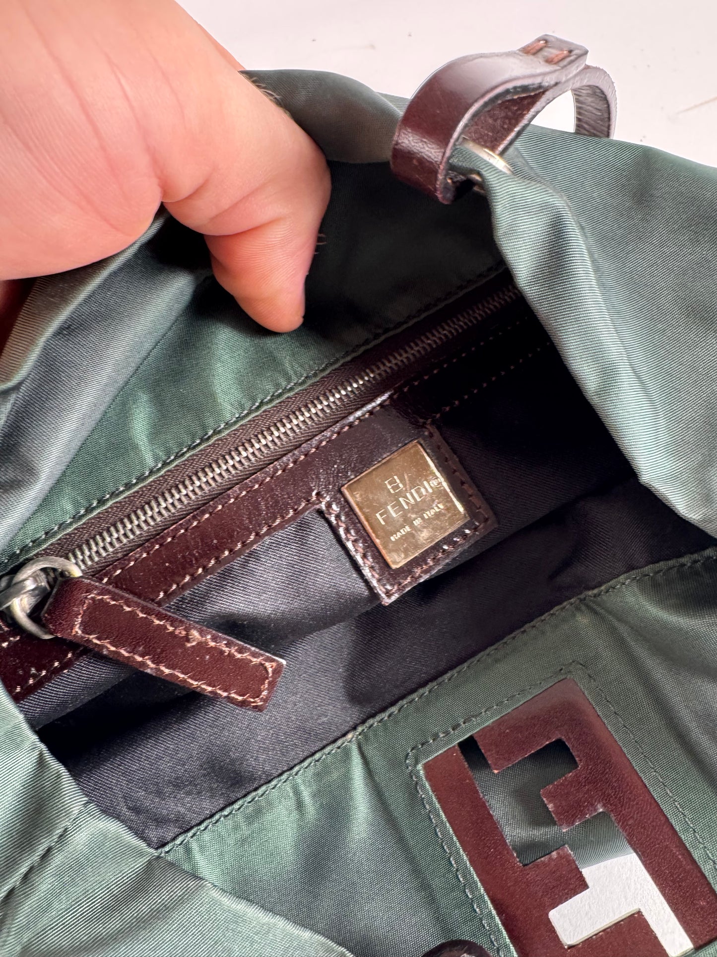 Vintage Fendi FF Logo Tote Bag Green Brown