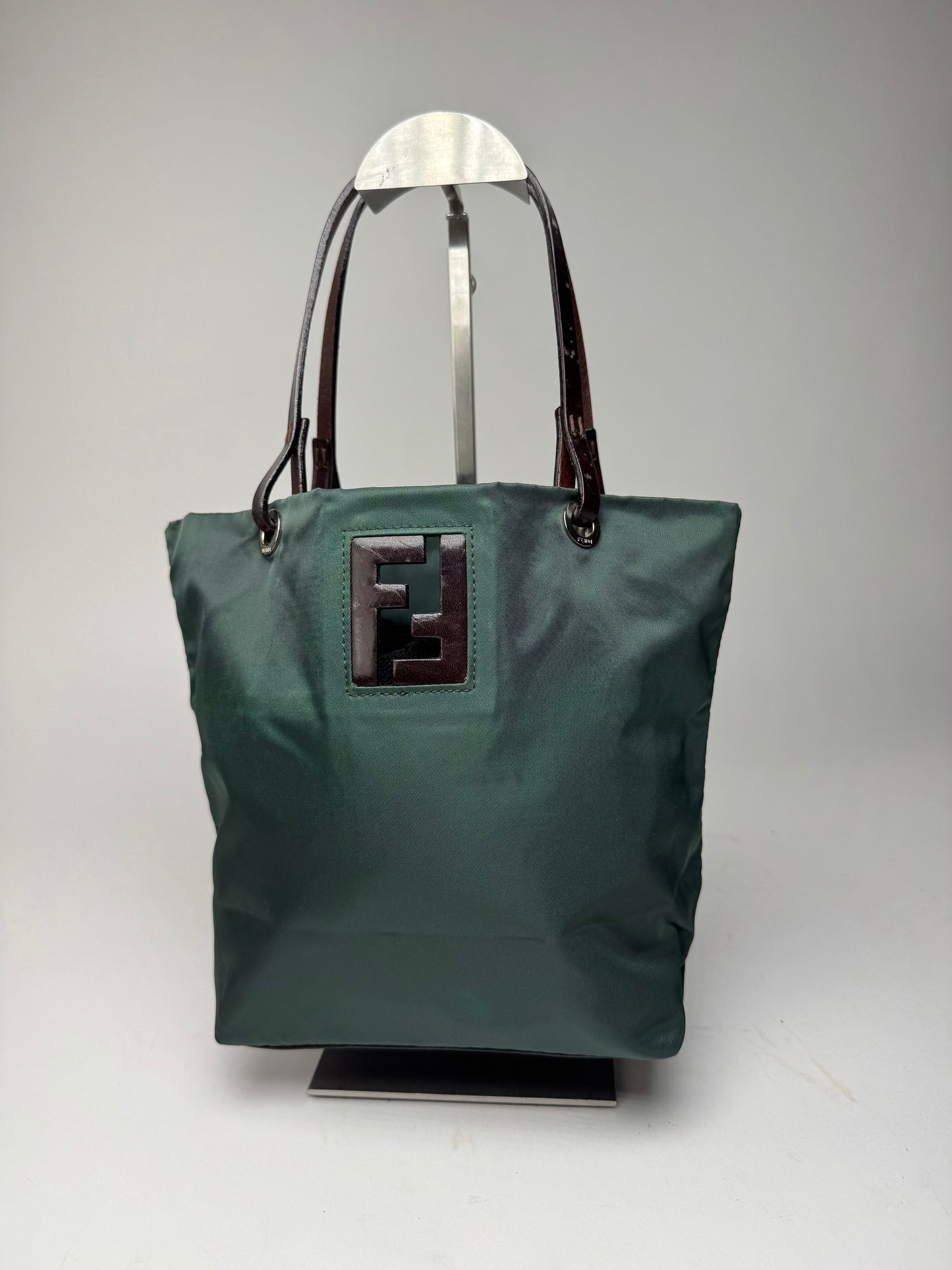 Vintage Fendi FF Logo Tote Bag Green Brown