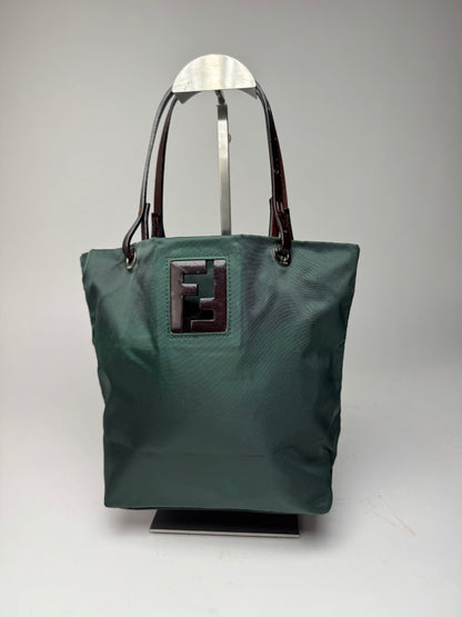 Vintage Fendi FF Logo Tote Bag Green Brown