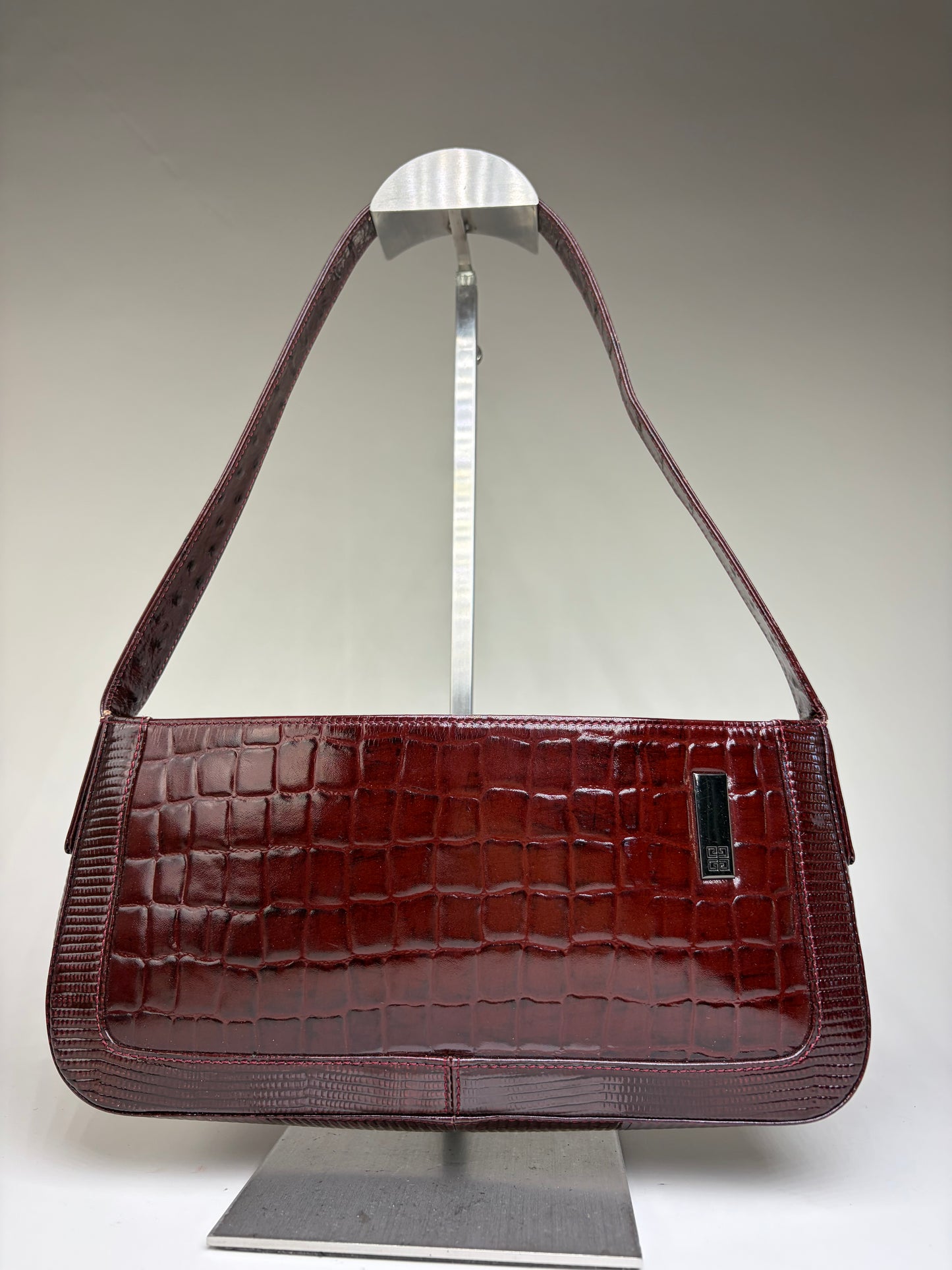 Vintage Givenchy Crocodile-Effect Leather Shoulder Bag Burgundy