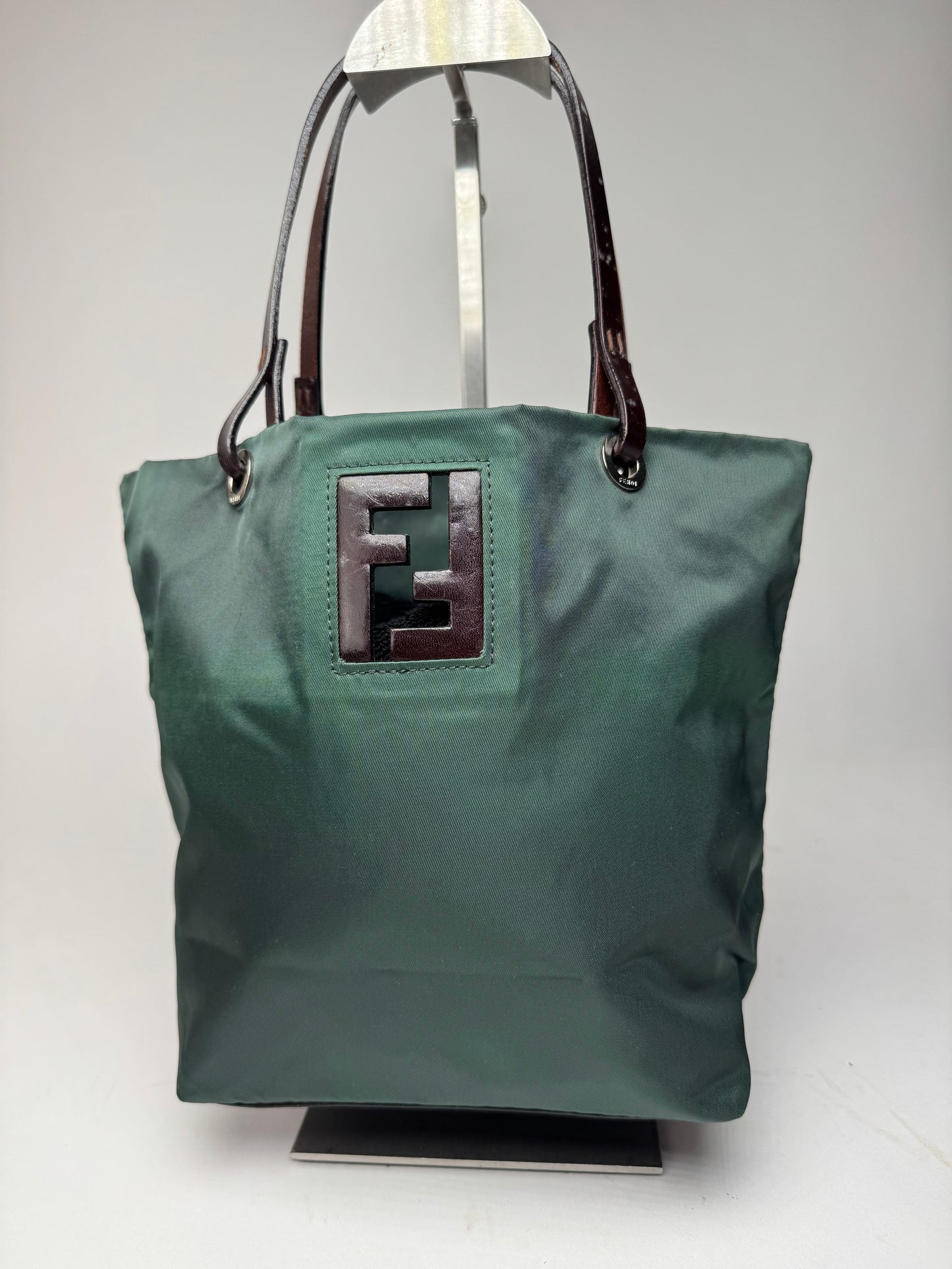 Vintage Fendi FF Logo Tote Bag Green Brown
