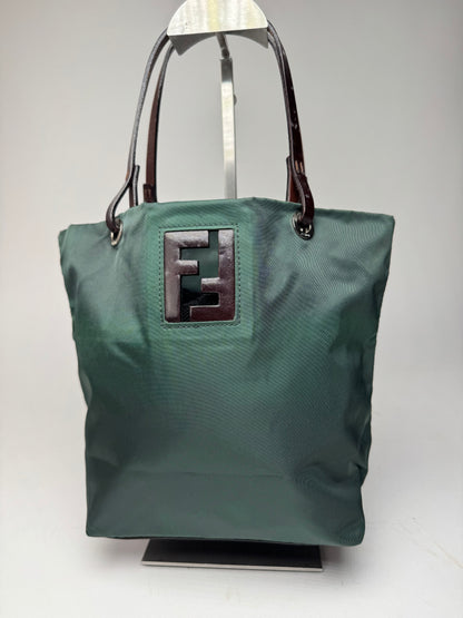 Vintage Fendi FF Logo Tote Bag Green Brown