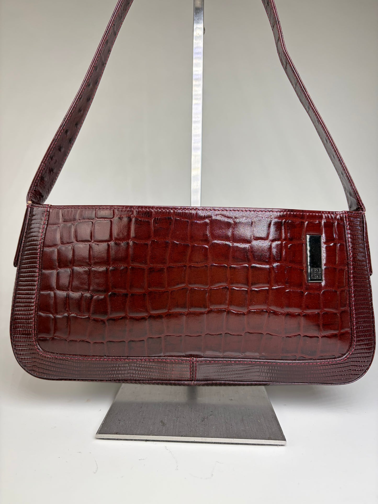 Vintage Givenchy Crocodile-Effect Leather Shoulder Bag Burgundy