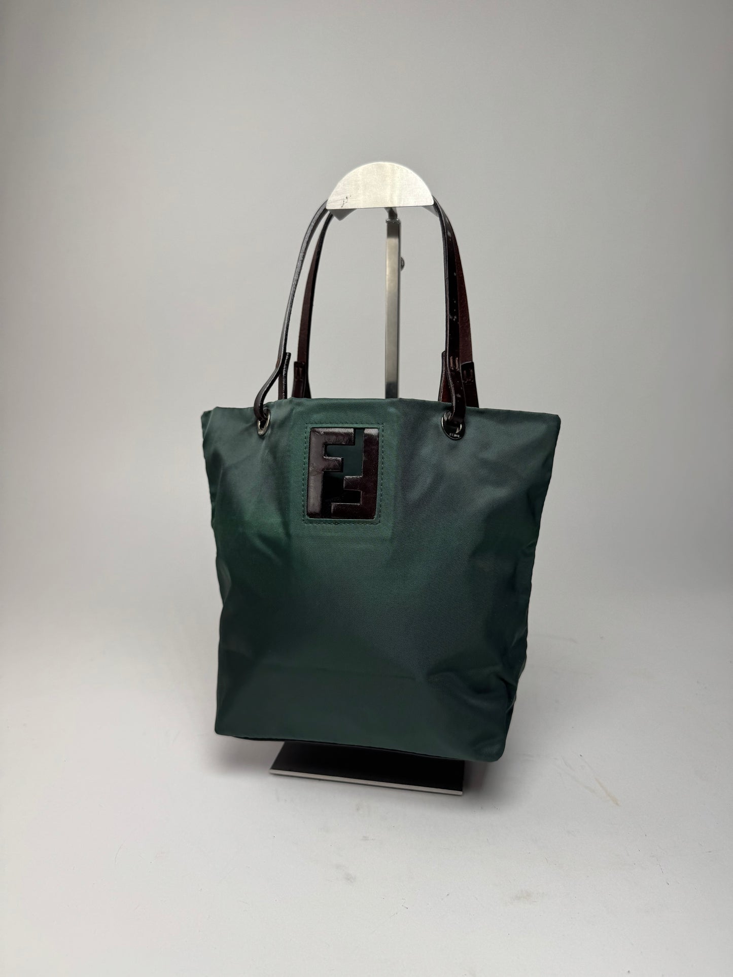 Vintage Fendi FF Logo Tote Bag Green Brown