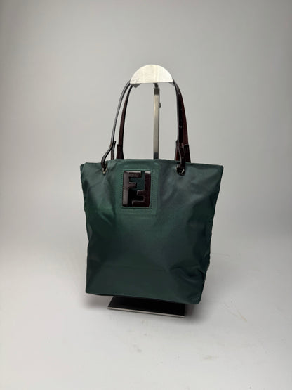 Vintage Fendi FF Logo Tote Bag Green Brown