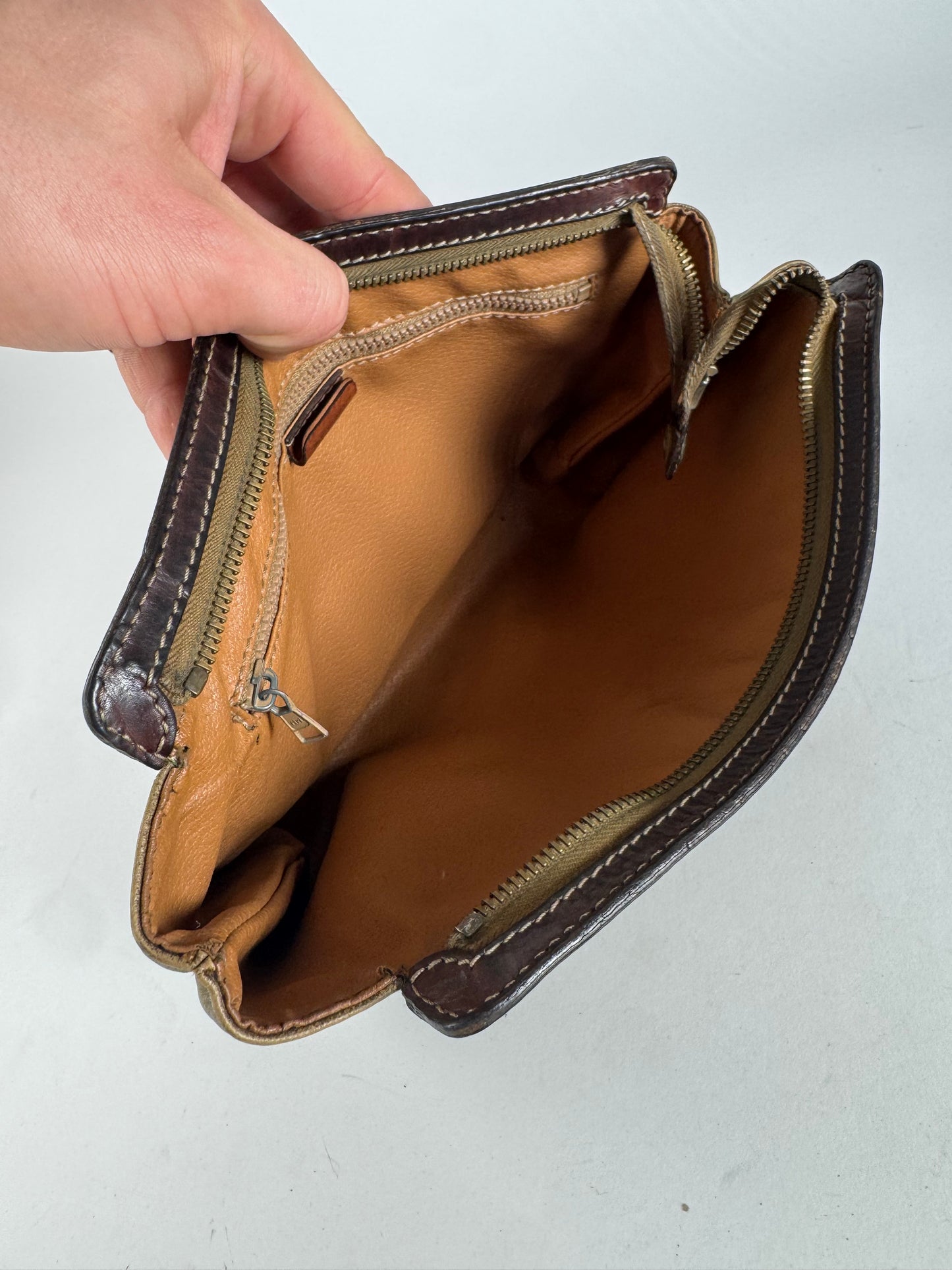 Vintage Celine Paris Monogram Leather Clutch Beige Brown