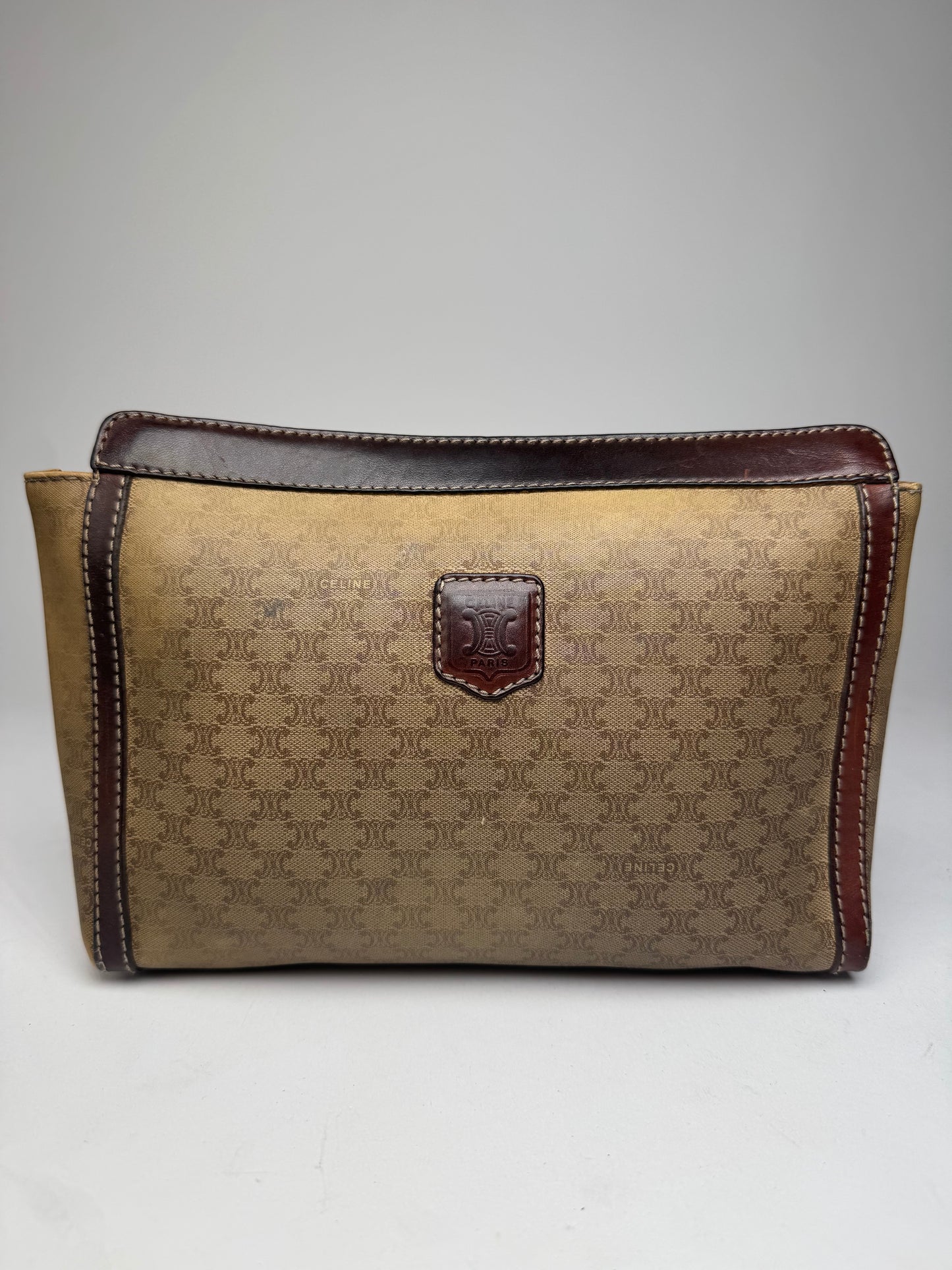 Vintage Celine Paris Monogram Leather Clutch Beige Brown