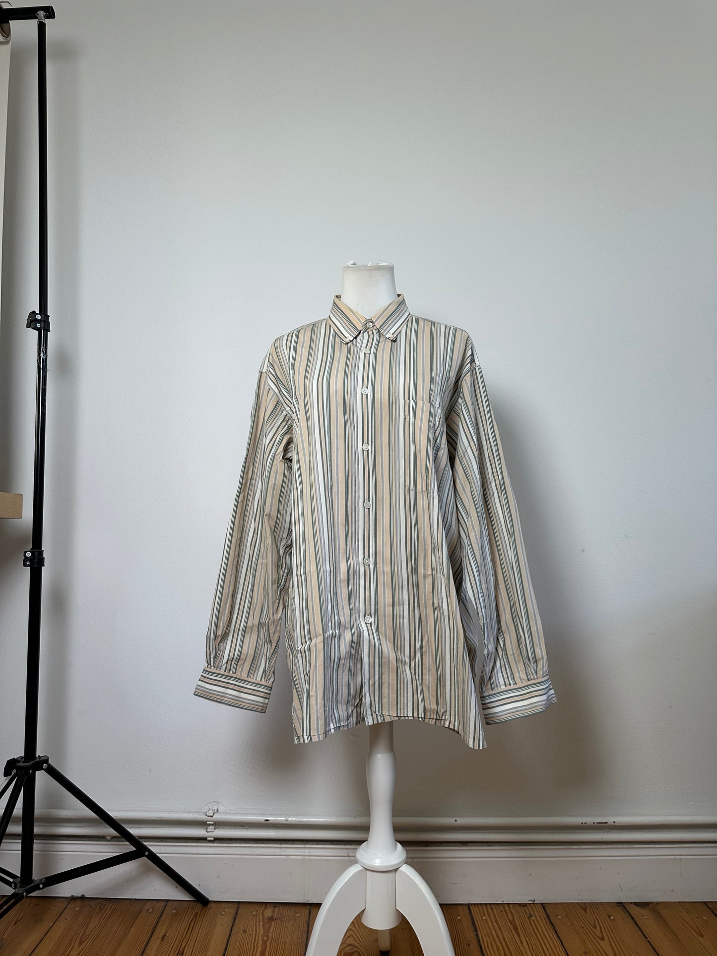 Vintage Balenciaga Men's Striped Cotton Shirt Cream Pink Green L