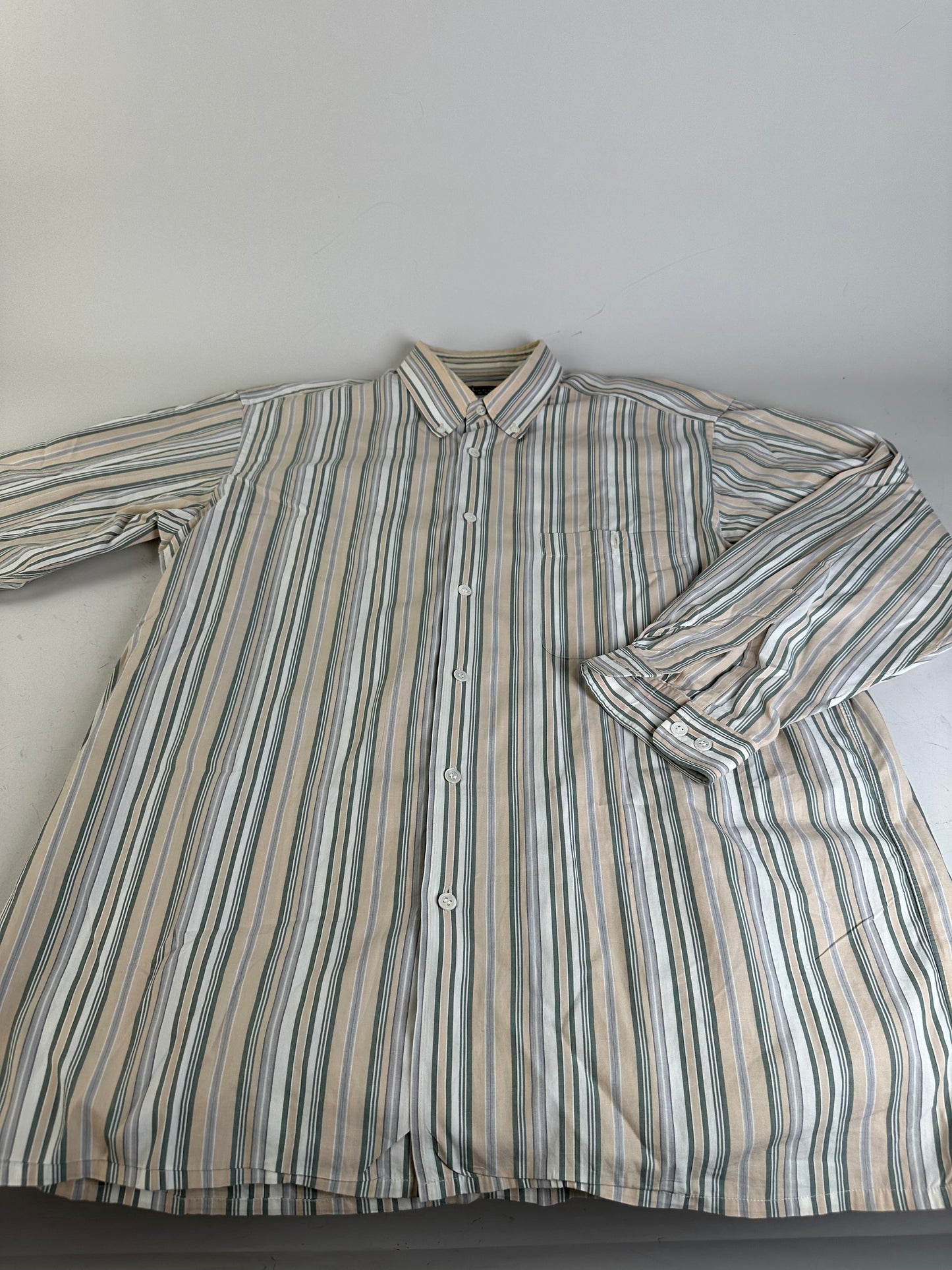 Vintage Balenciaga Men's Striped Cotton Shirt Cream Pink Green L