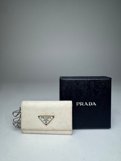 Vintage Prada Triangle Leather Key/Card Holder White
