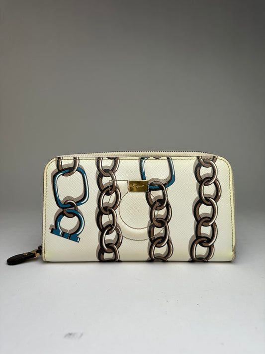 Vintage Ferragamo Saffiano Leather Zip Wallet c. 2010s Cream Chain Print