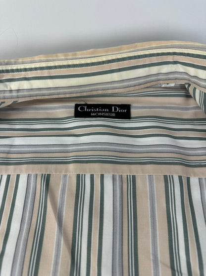 Vintage Balenciaga Men's Striped Cotton Shirt Cream Pink Green L