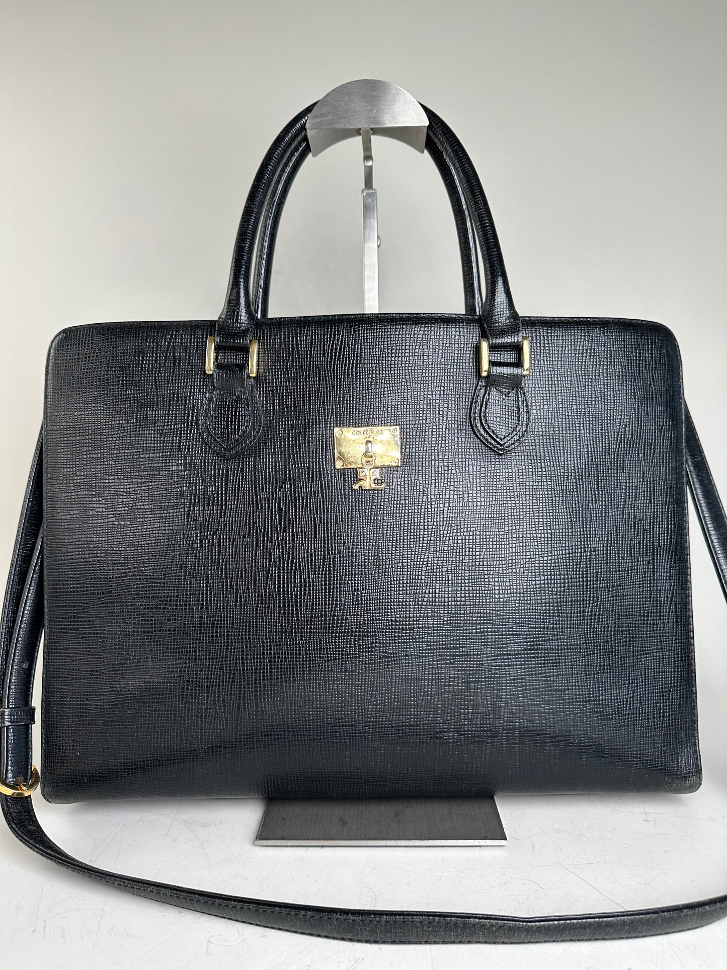 Vintage Courreges Textured Leather Tote Black Gold