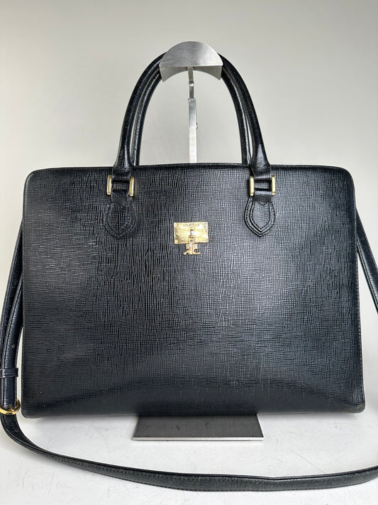 Vintage Courreges Textured Leather Tote Black Gold