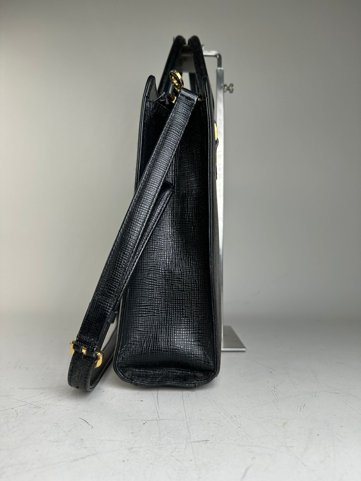 Vintage Courreges Textured Leather Tote Black Gold