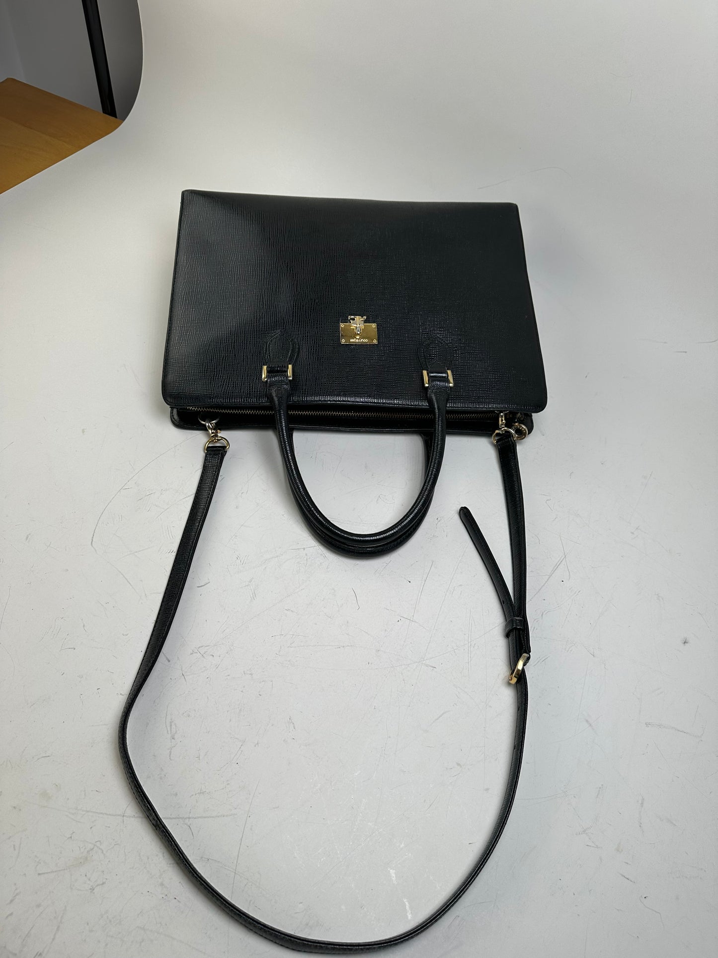 Vintage Courreges Textured Leather Tote Black Gold