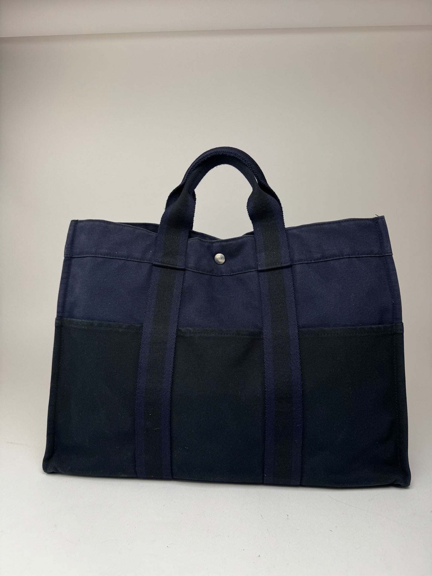 Sac cabas vintage Hermès en toile bleu marine et noir