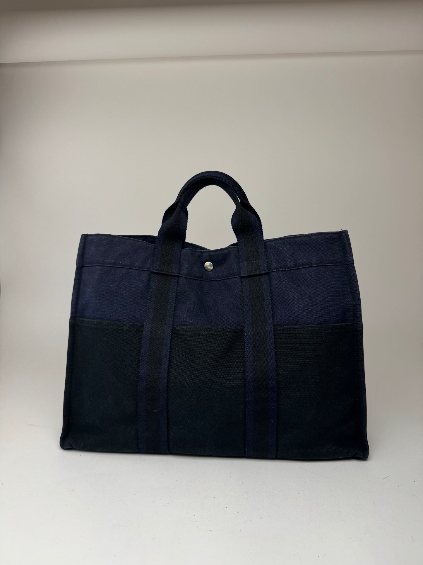 Sac cabas vintage Hermès en toile bleu marine et noir