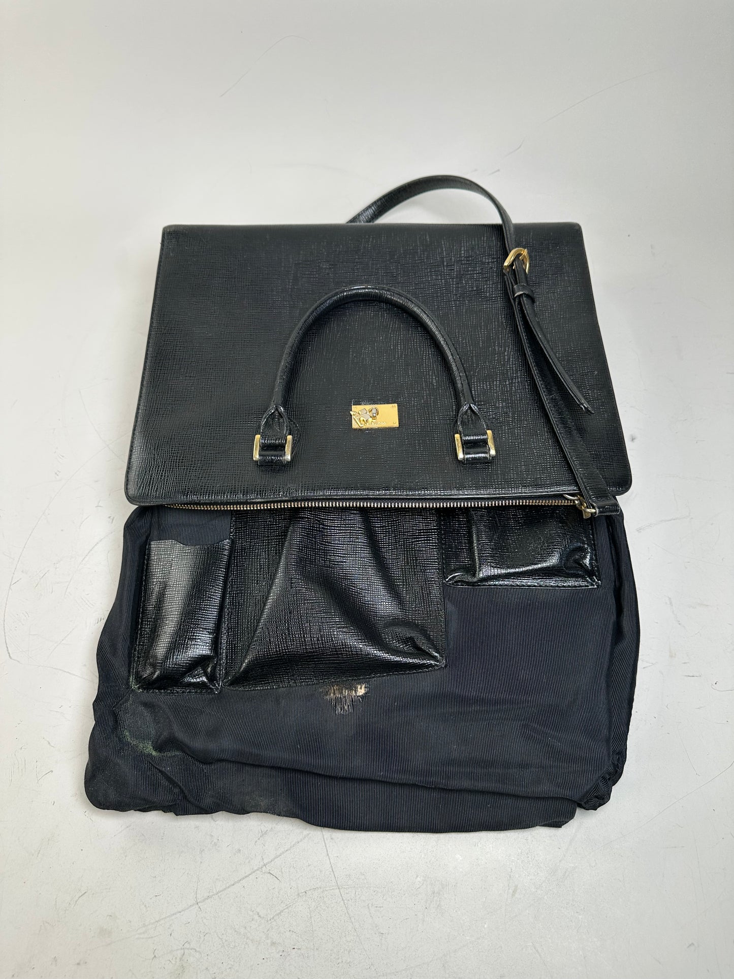 Vintage Courreges Textured Leather Tote Black Gold
