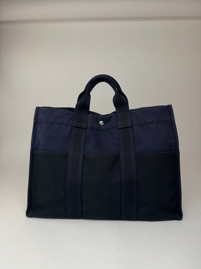 Sac cabas vintage Hermès en toile bleu marine et noir