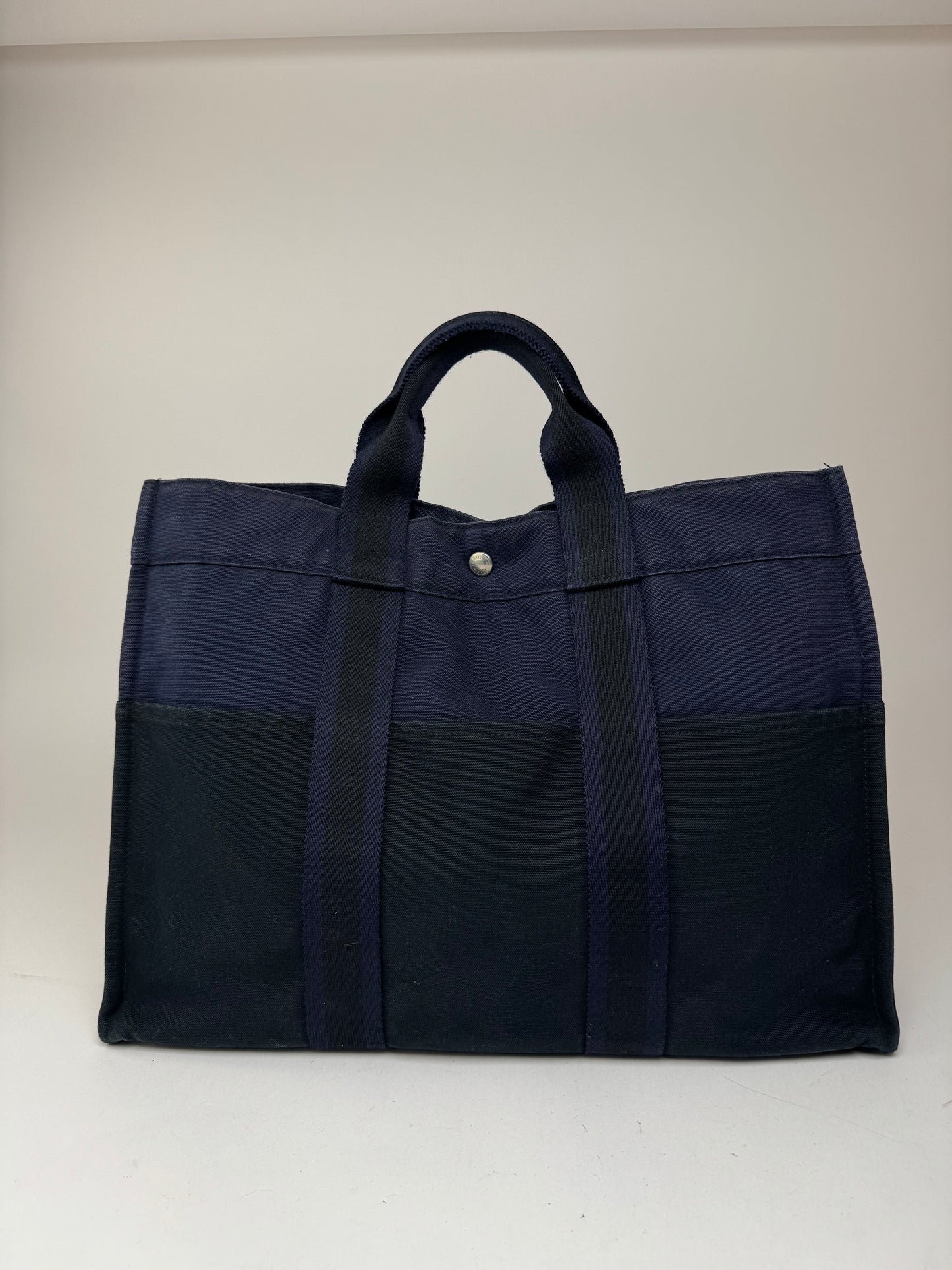 Sac cabas vintage Hermès en toile bleu marine et noir