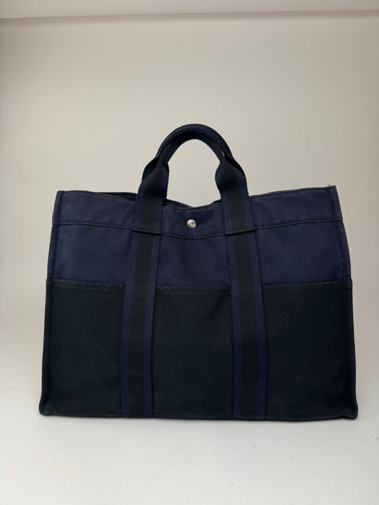 Sac cabas vintage Hermès en toile bleu marine et noir