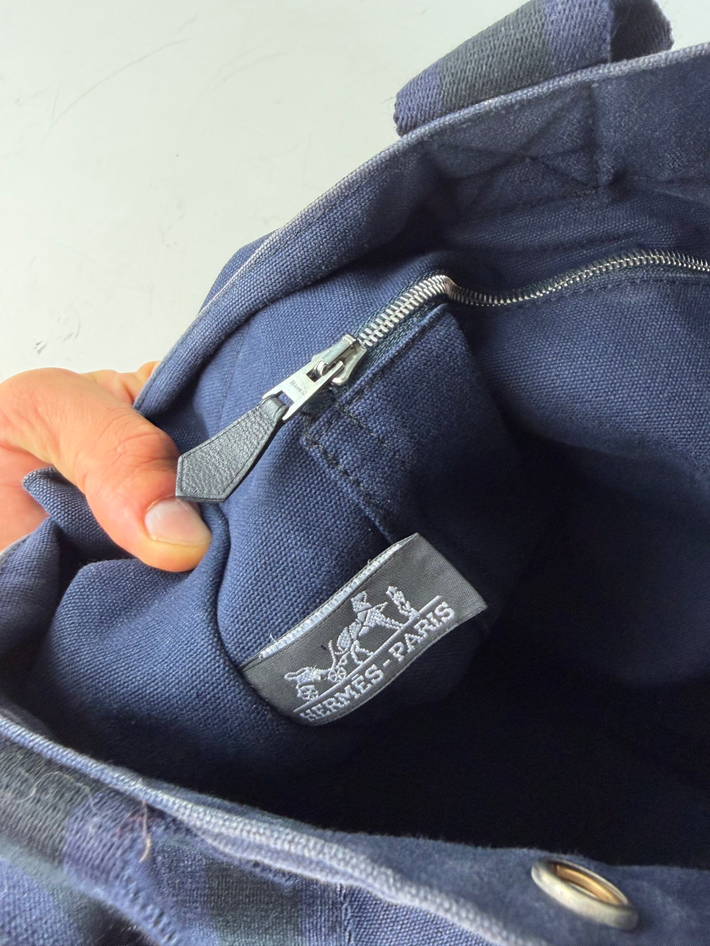 Vintage Hermes Cotton Canvas Tote Navy Black Silver