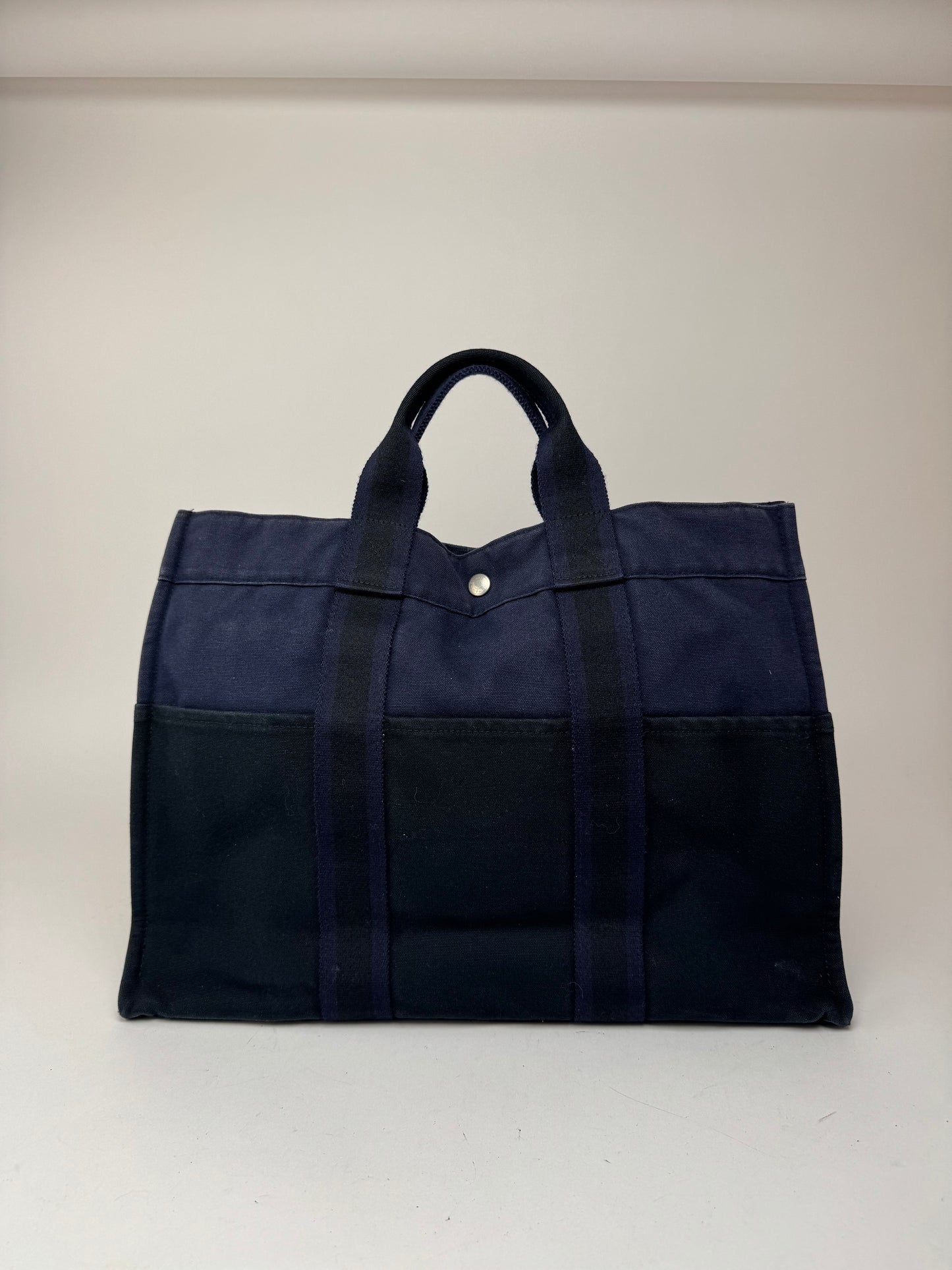 Sac cabas vintage Hermès en toile bleu marine et noir