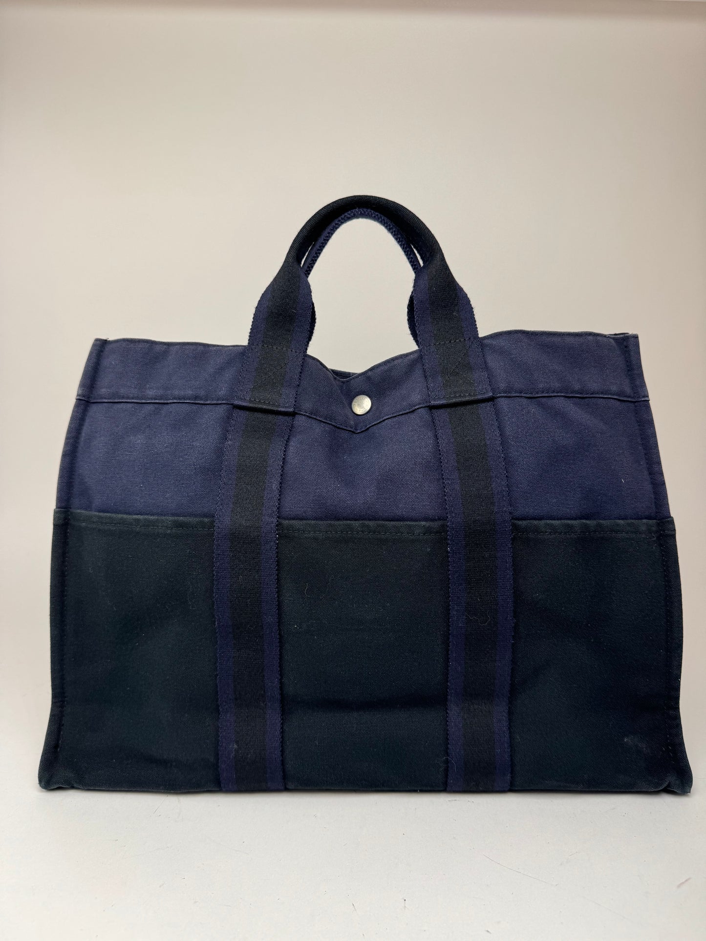 Sac cabas vintage Hermès en toile bleu marine et noir