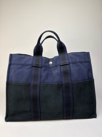 Vintage Hermes Cotton Canvas Tote Navy Black Silver