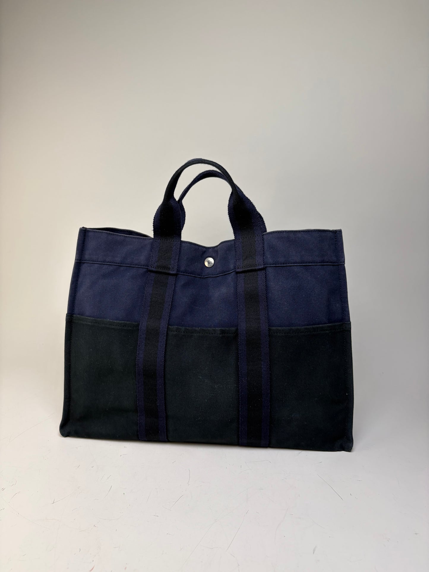 Vintage Hermes Cotton Canvas Tote Navy Black Silver