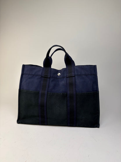 Vintage Hermes Cotton Canvas Tote Navy Black Silver