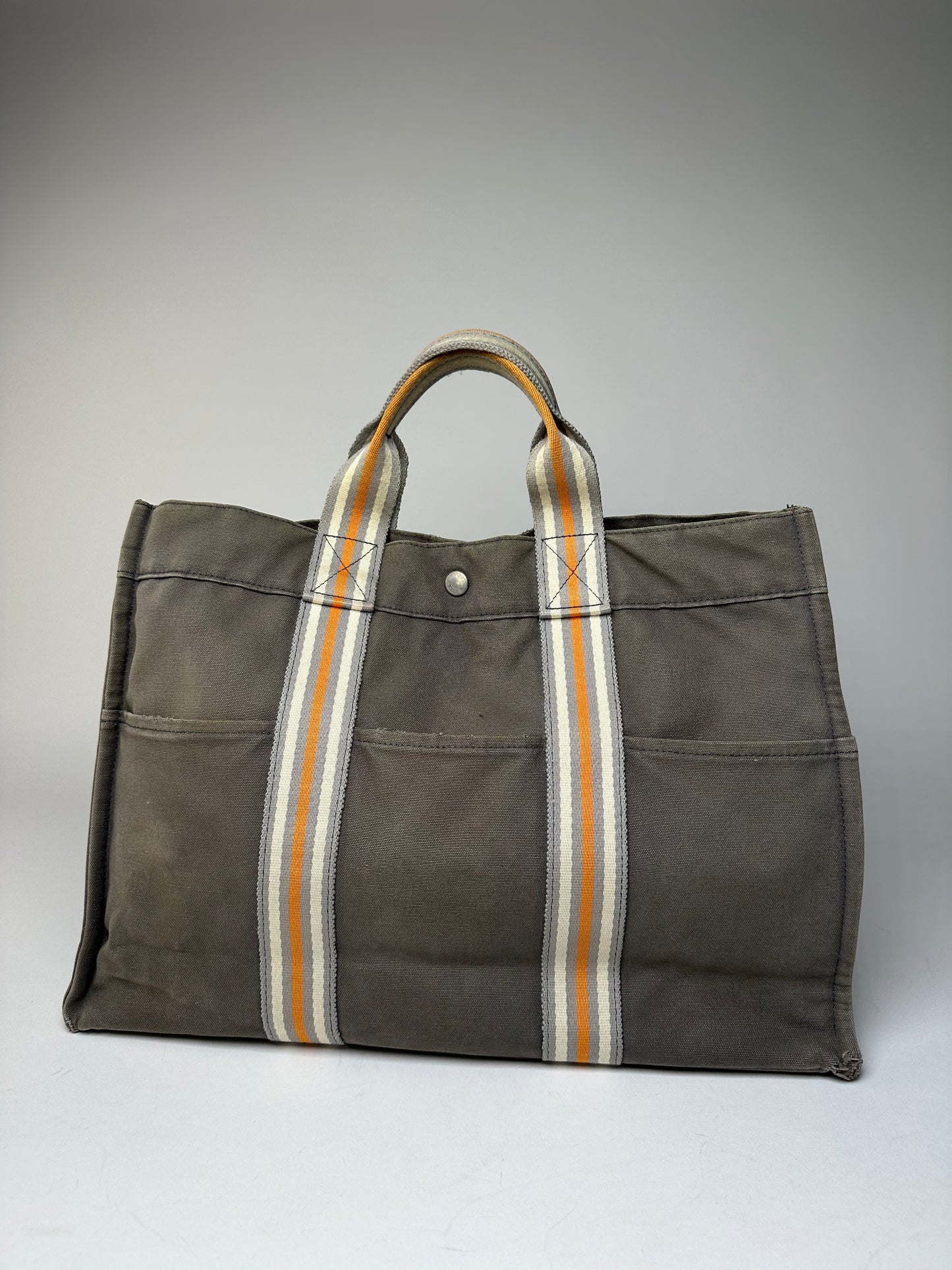 Vintage Hermes Canvas Tote Bag Grey Orange