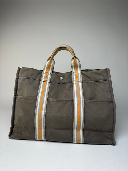 Vintage Hermes Canvas Tote Bag Grey Orange