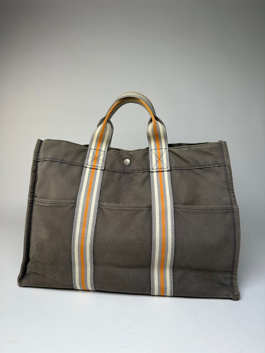 Vintage Hermes Canvas Tote Bag Grey Orange