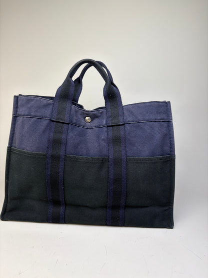 Vintage Hermes Cotton Canvas Tote Navy Black Silver