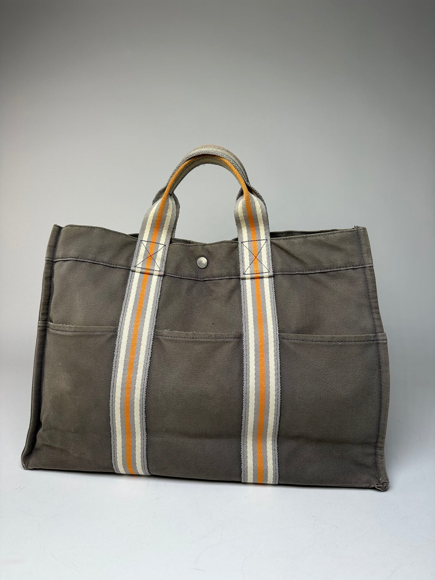 Vintage Hermes Canvas Tote Bag Grey Orange