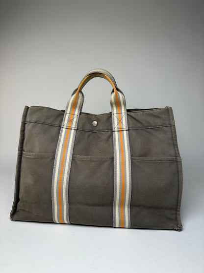 Vintage Hermes Canvas Tote Bag Grey Orange