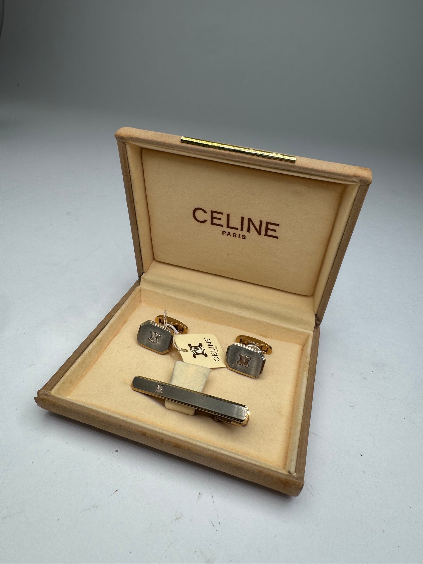 Vintage Celine Paris Triomphe Logo Metal Clamp, cufflinks Set Silver Gold