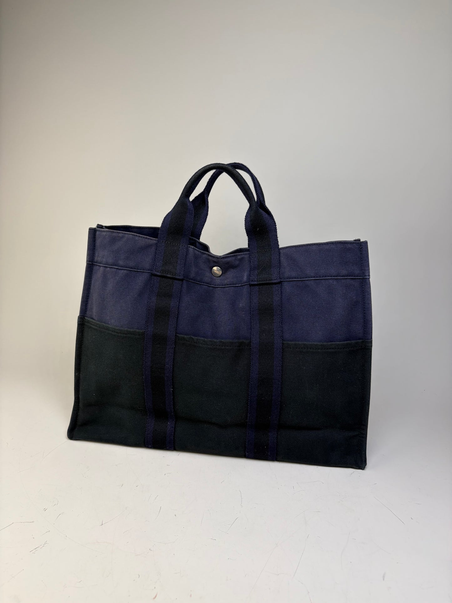 Vintage Hermes Cotton Canvas Tote Navy Black Silver